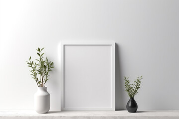 Generative Ai. a white frame with plants on it sits on a white shelf.