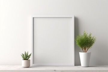 Generative Ai. a white frame with a plant on a shelf