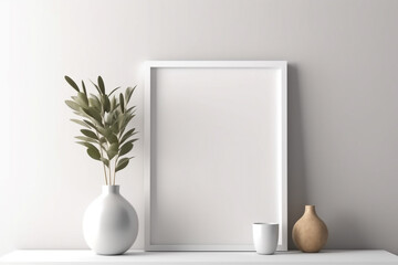 Generative Ai. a white frame with a vase and a plant on a shelf