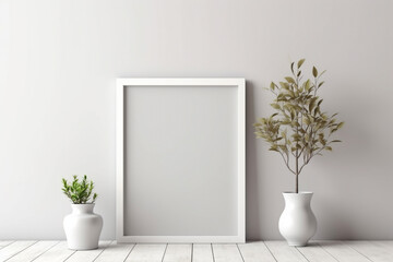 Generative Ai. empty frame and vases on a wooden floor