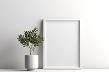 Generative Ai. blank picture frame and plant in a pot on a white shelf