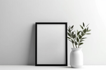 Generative Ai. a black framed picture sits next to a white vase with a plant on it.