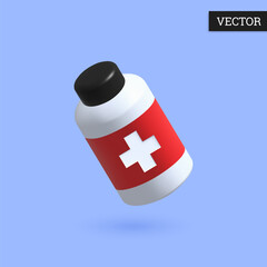 Medicine plastic bottle 3D. Pills bottle icon in cartoon style. Medical remedy. Design element for medicine. Vector illustration.