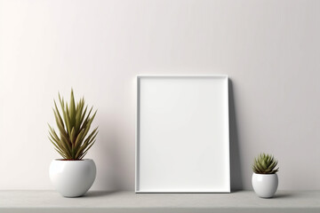 Generative Ai. a white frame with plants and a plant on a shelf