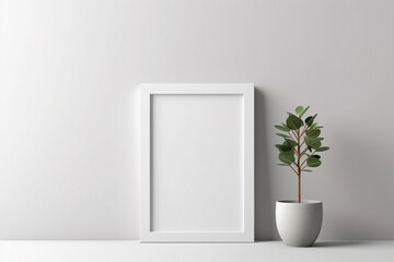 Generative Ai. a white frame sitting on top of a table next to a plant . 