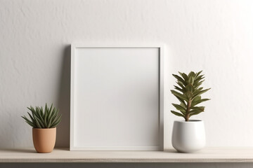 Generative Ai. a white frame on a shelf with a plant and potted plant
