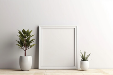 Generative Ai. empty frame and plant on white wall