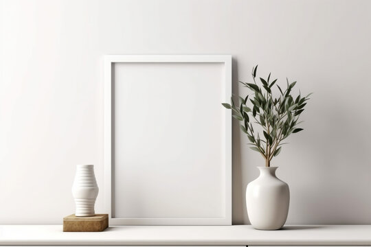 Generative Ai. there is a white vase with a plant on a shelf next to a picture frame