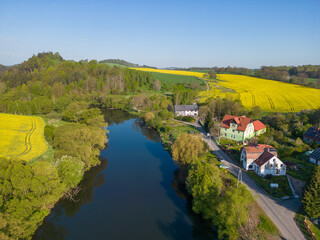 Fototapeta na wymiar Village of Siedlecin on the Bóbr River near Jelenia Góra