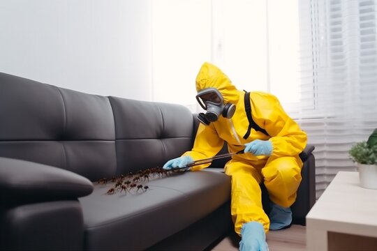 pest insect uniform cockroach pesticide kill sofa termite exterminator control. Generative AI.