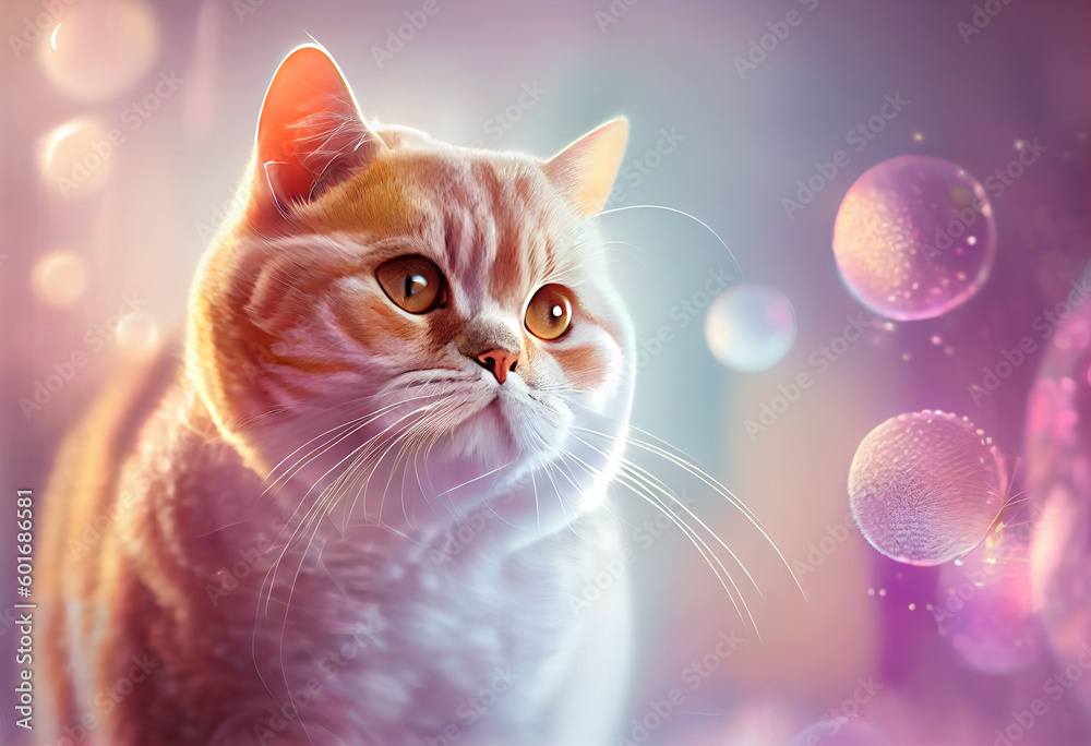 Poster British Shorthair cat from smooth elegant transparent fabric on bright bokeh background 3d pink and peach colors. 
Generative AI technology.