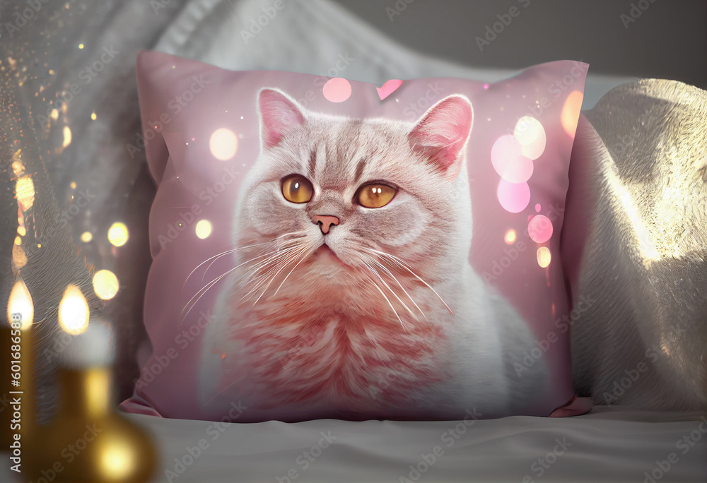 Poster British Shorthair cat from smooth elegant transparent fabric on bright bokeh background 3d pink and peach colors. 
Generative AI technology.