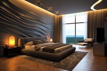 Modern bedroom oasis with stylish hardwood flooring and LED lighting, creating a serene atmosphere.