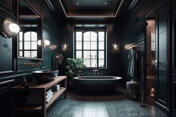 Contemporary 3D Rendered Bathroom with Designer Details, Freestanding Bathtub, and LED Accents..