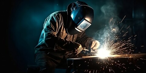 Welder is welding metal , industry them bokeh and sparkle background. Generative AI - obrazy, fototapety, plakaty