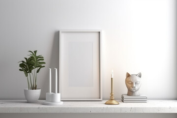 white room with a shelf on which there are decorative flowers candlestick and an empty frame for a poster mockup. Generative Ai. 