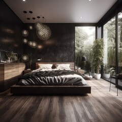Exquisite Bedroom Haven: Hardwood Floors, LED Illumination, Luxurious Textures, and Sleek Designer Details
