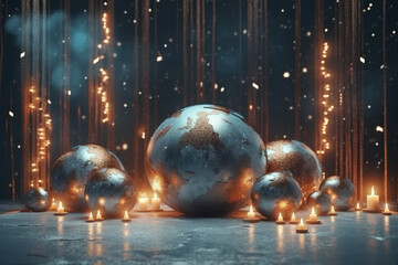 Christmas card, silver or Christmas balls on a New Year's background. Generative Ai. 