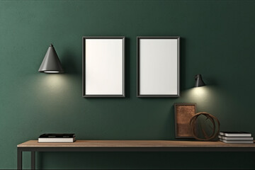 room interior with minimalistic design and two empty frames for poster mockup on the wall. Generative Ai. 