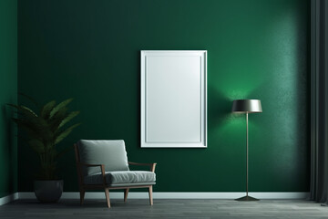 room with green wall and armchair and empty frame for poster mockup hanging on the wall. Generative Ai. 