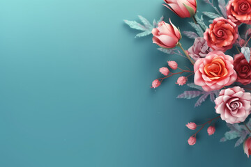 pale pink roses on a light blue background with space to insert. Generative Ai. 