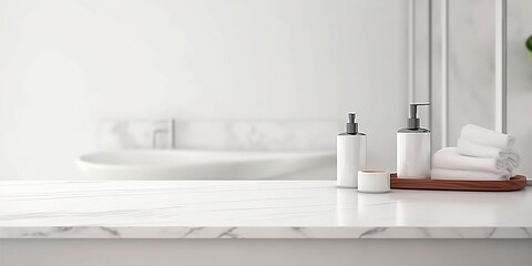 Naklejka na ściany i meble White bathroom interior. Empty marble table top for product display with blurred bathroom interior background. Generative AI technology.