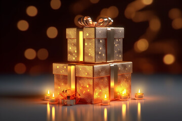 christmas card, golden gift boxes under the tree. Generative Ai. 