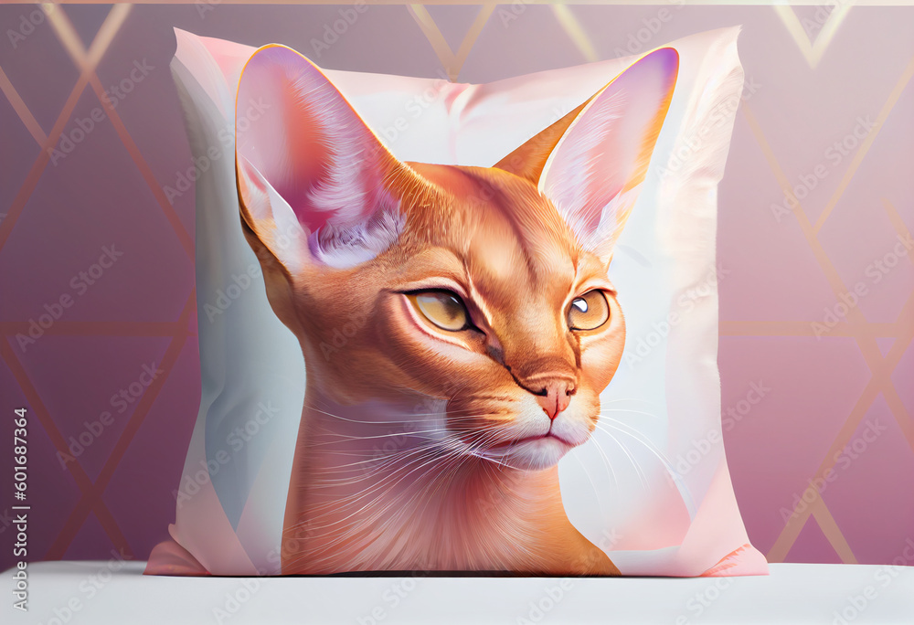 Poster devon rex cat from smooth elegant transparent fabric on bright bokeh background 3d pink and peach co