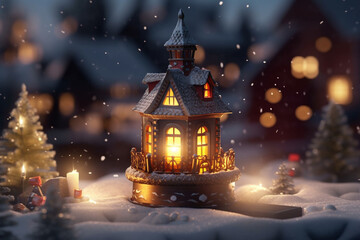 Fototapeta premium Christmas card. Christmas house in the snow at night. Generative Ai. 