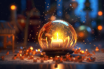 close up of a candle in a glass ball on a table. Generative Ai