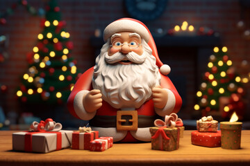 santa claus sitting on a chair with presents and a fireplace. Generative Ai