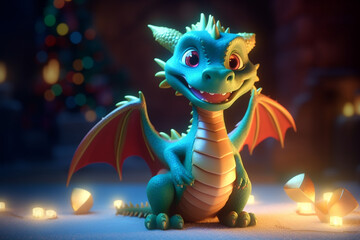 Fototapeta premium cartoon green dragon at the Christmas tree. christmas card. Generative Ai. 