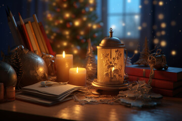 Fototapeta na wymiar Christmas card. New Year's table setting with candles. Generative Ai. 