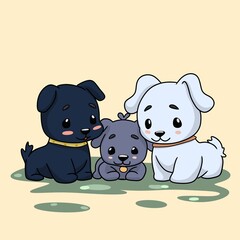 illustration three dog friends, three cute puppies