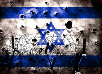 Double exposure of Israel flag. Depiction of Israel's retaliatory airstrikes on Syria. Israeli police clashed with Muslims. Tensions in the Middle East are rising. Useful for basemaps or news stories. - obrazy, fototapety, plakaty