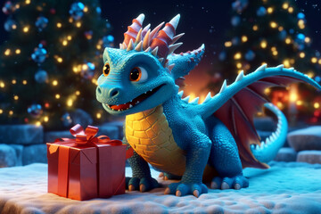  christmas card with cartoon dragon sitting with a gift near the tree. Generative Ai. 