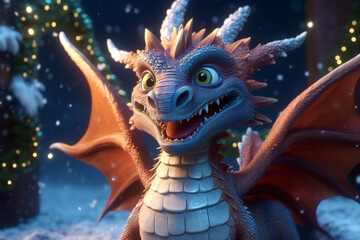 Christmas background with cartoon dragon. Generative Ai. 