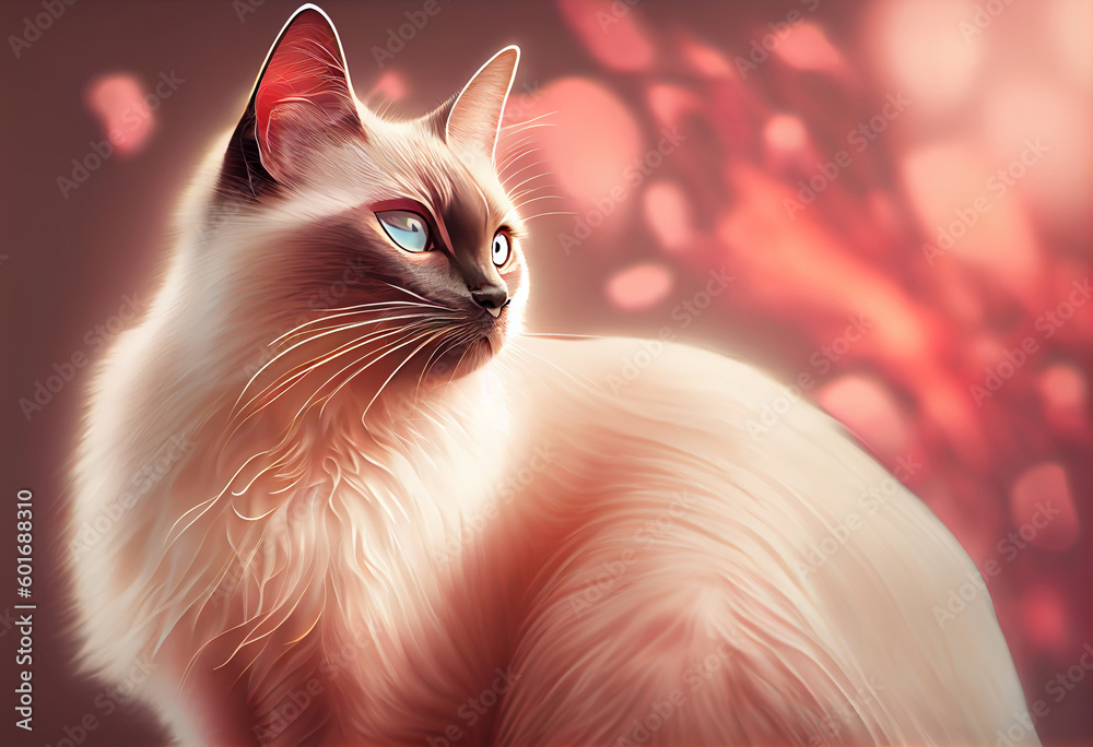 Aufkleber Birman cat from smooth elegant transparent fabric on bright bokeh background 3d pink and peach colors. 
Generative AI technology.