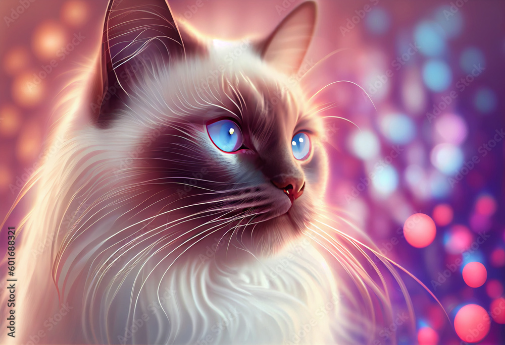 Aufkleber Birman cat from smooth elegant transparent fabric on bright bokeh background 3d pink and peach colors. 
Generative AI technology.