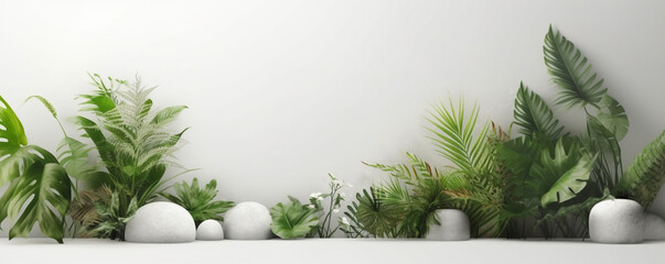 white wall with plants and a white background. Generative Ai