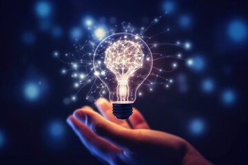 a hand holding light bulb, futuristic and brain stroming