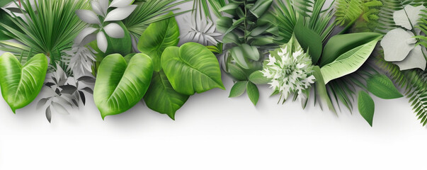 decorative composition of tropical leaves and plants on a white background with empty space for insertion. Generative Ai. 