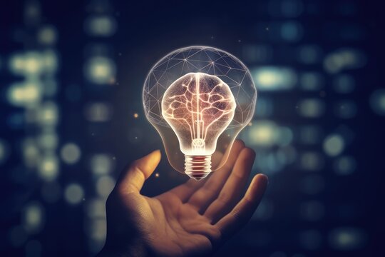 a hand holding light bulb, futuristic and brain stroming