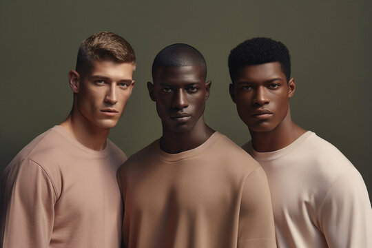 three men in beige shirts standing in front of a dark background. Generative Ai