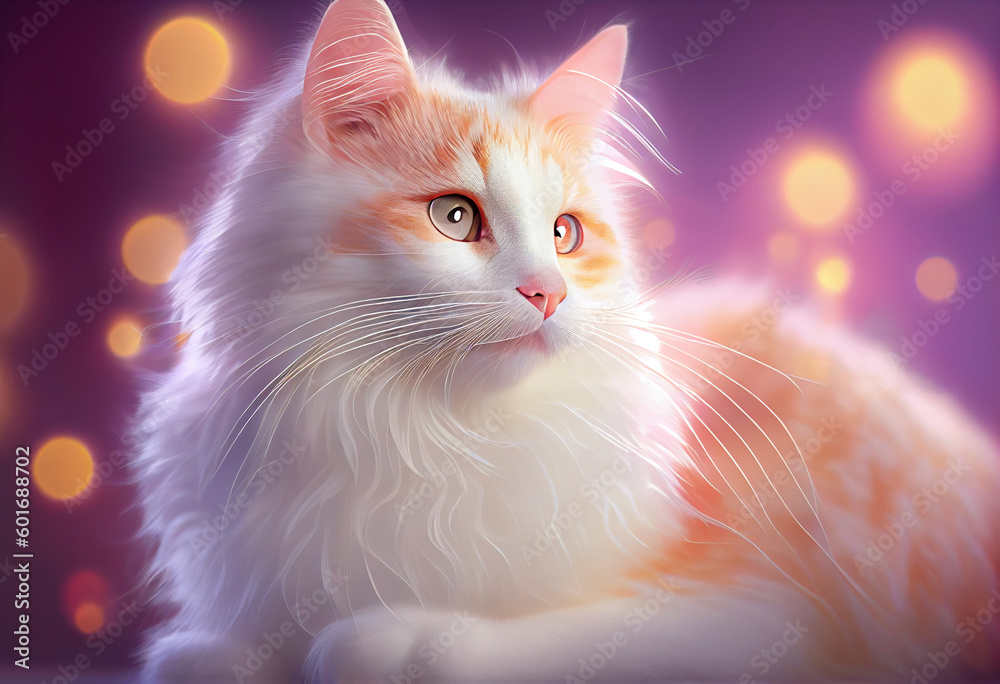Poster Savannah cat from smooth elegant transparent fabric on bright bokeh background 3d pink and peach colors. 
Generative AI technology.