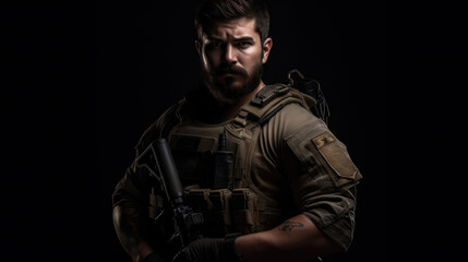 Obraz premium A portrait of a soldier, with beard, holding a rifle, proud, American, generative ai