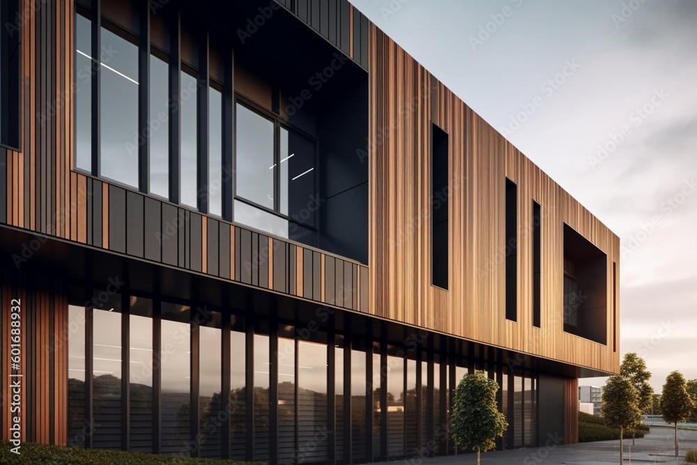 Poster A modern building with a façade that features a unique blend of wood and metal materials. Generative AI technology.