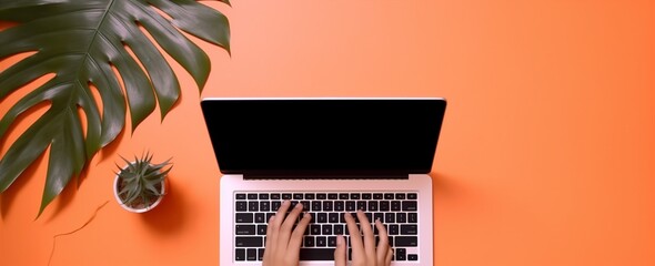 woman orange computer keyboard palm laptop background hand office business leaf. Generative AI.