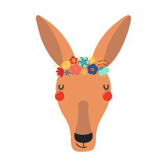 Cute funny kangaroo face in flower crown, floral wreath cartoon character illustration. Hand drawn Scandinavian style flat design, isolated vector. Kids print element, summer blooms, blossoms