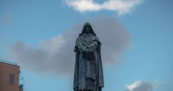  4k time-lapse of Giordano Bruno statue in Piazza Campo di Fiori, Rome, Italy.